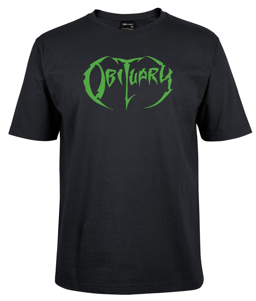 The Obituary Shirt green by Corsa Clothing is a black T-shirt featuring the word "Obituary" in a sharp, green stylized font across the chest.