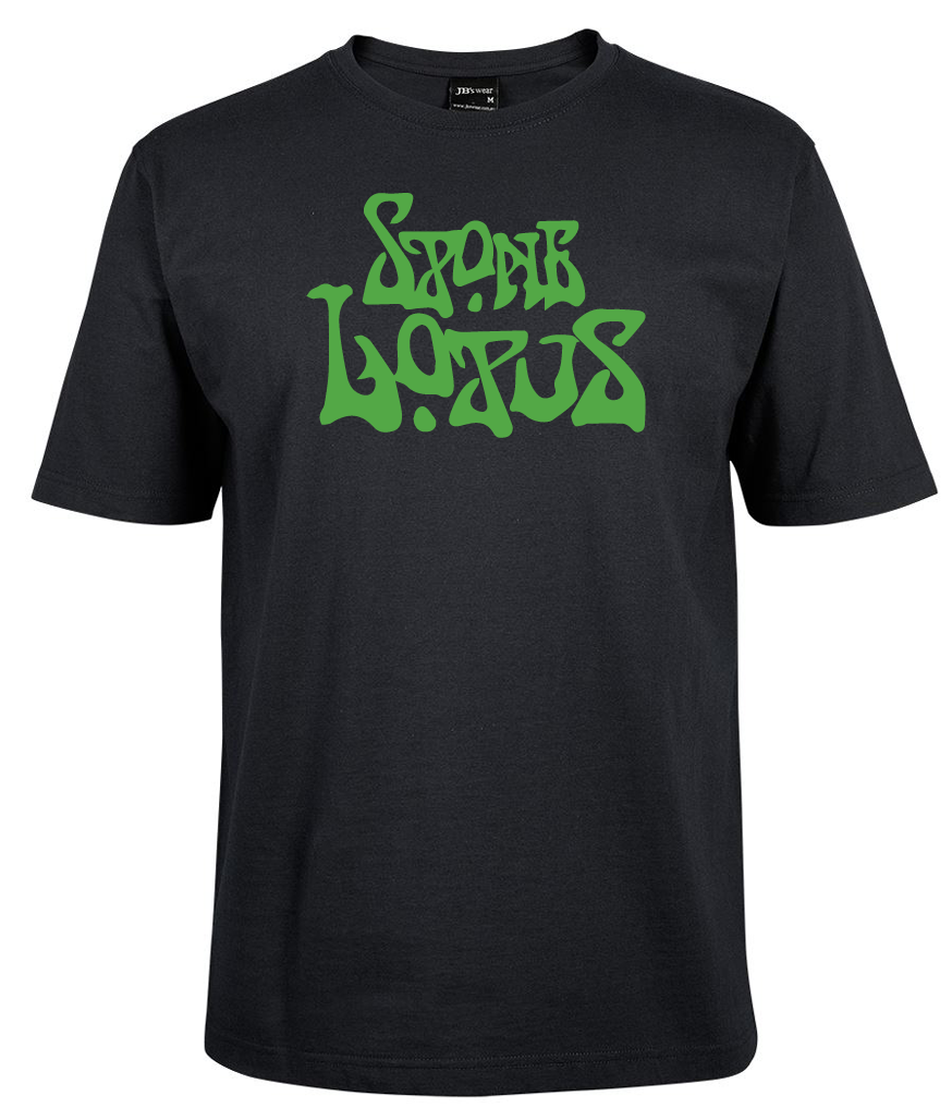 A black Stone Lotus shirt by Corsa Clothing featuring "Sports Locus" in large, green graffiti-style font on the chest.