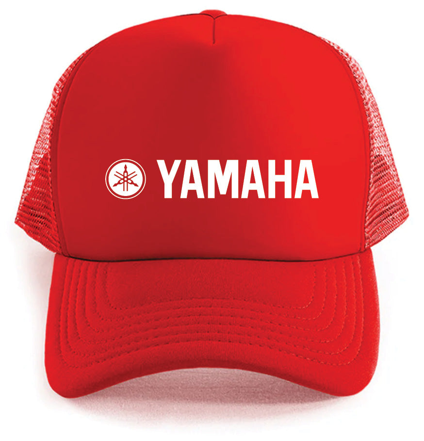The Yamaha Flex Logo Hat by Corsa Clothing is a bright red trucker cap with a mesh back and features the white Yamaha logo and text on the front.