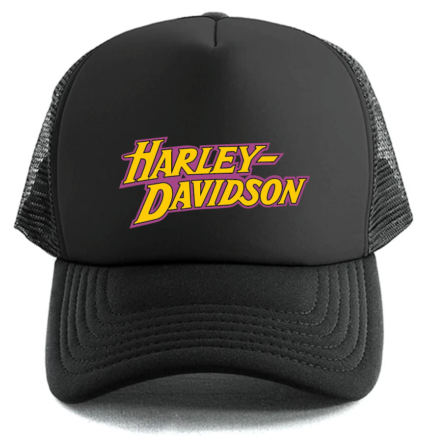 The Corsa Clothing Harley-Davidson Simple Brand Hat is a black mesh trucker cap featuring "Harley-Davidson" in yellow text with a purple outline on the front, styled like the Los Angeles Lakers logo.