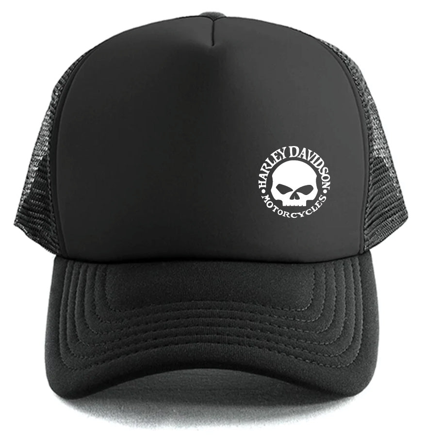 The Harley-Davidson Willie G Small Skull Hat by Corsa Clothing is a black mesh trucker cap with a white skull and Harley-Davidson Motorcycles logo on the front panel.