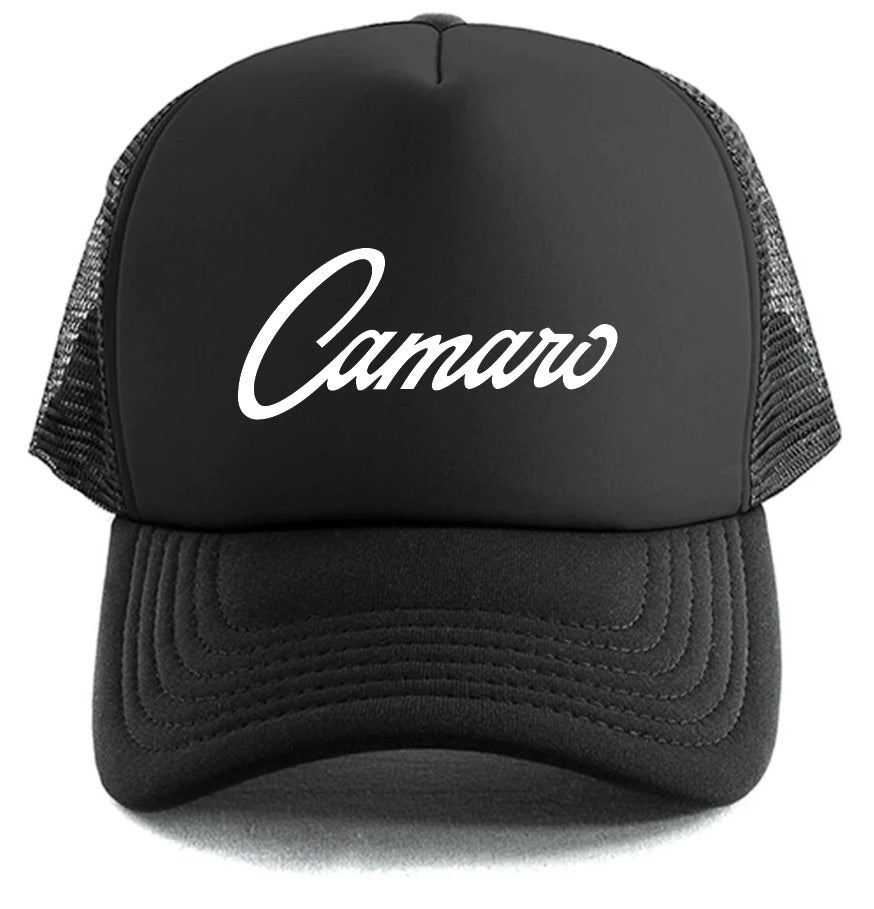 The Camaro Hat by Corsa Clothing is a black mesh trucker hat featuring "Camaro" in white cursive lettering on the front panel.
