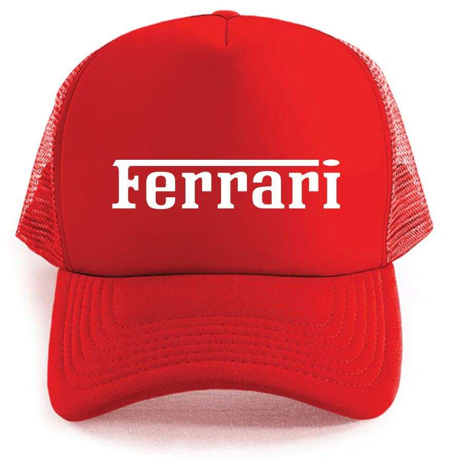 The Corsa Clothing Ferrari Logo Hat is a red mesh trucker cap with bold white "Ferrari" lettering on the front and a horizontal line extending from the F's middle bar across the top of the word.