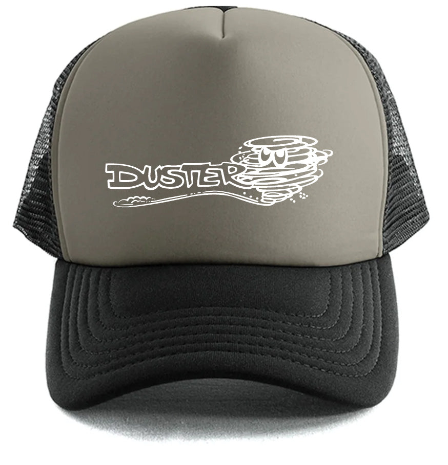 The Duster Hat by Corsa Clothing is a two-tone trucker cap with a gray front, black mesh back, and “DUSTER” in white graffiti-style text alongside a swirling dust cloud graphic.