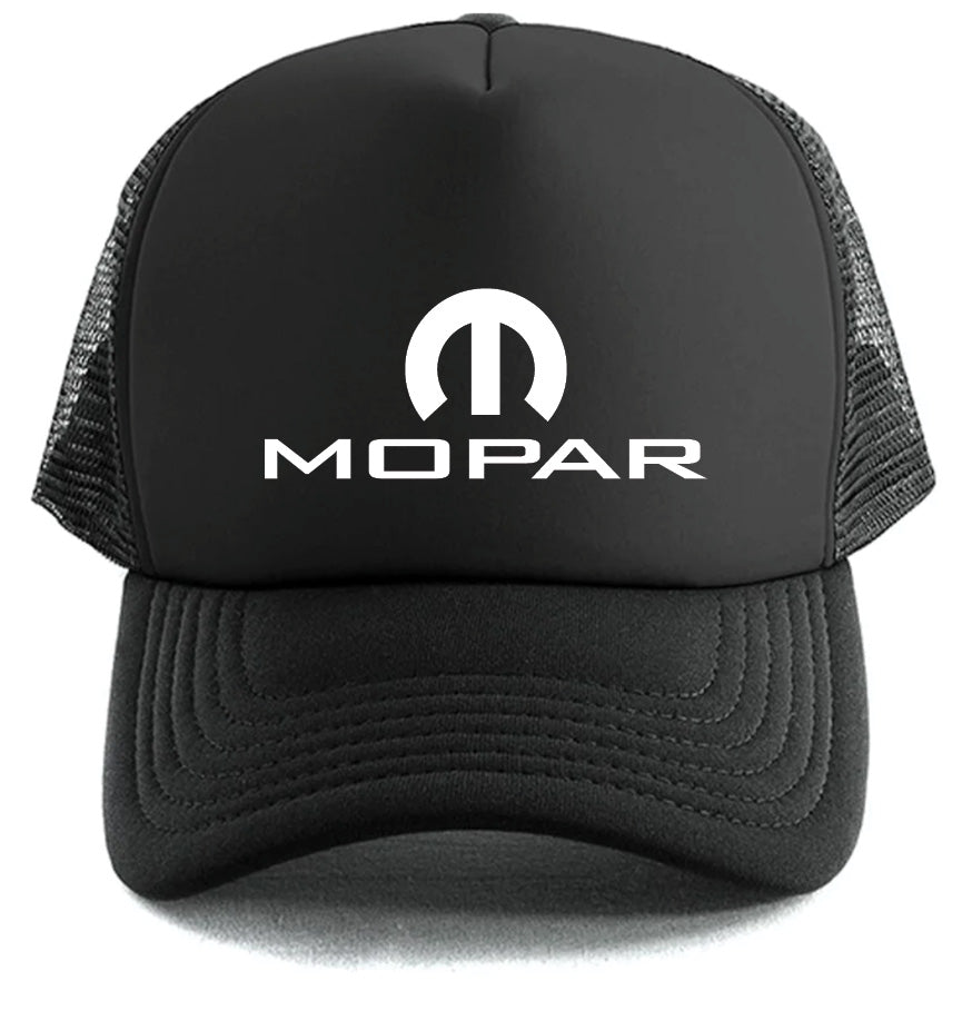 The Mopar Hat by Corsa Clothing is a black trucker cap with a mesh back and features the white Mopar logo on the front panel.