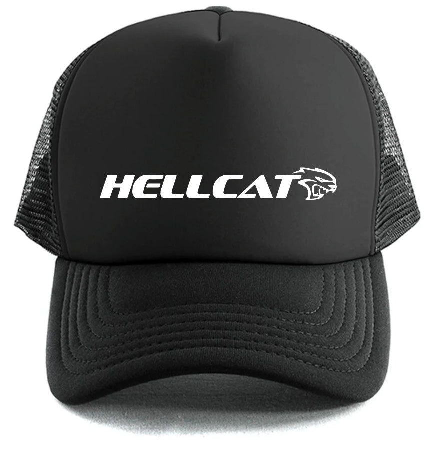 The Hellcat hat by Corsa Clothing is a black trucker cap with mesh sides, featuring "HELLCAT" in bold white text and a wildcat head logo beside it.