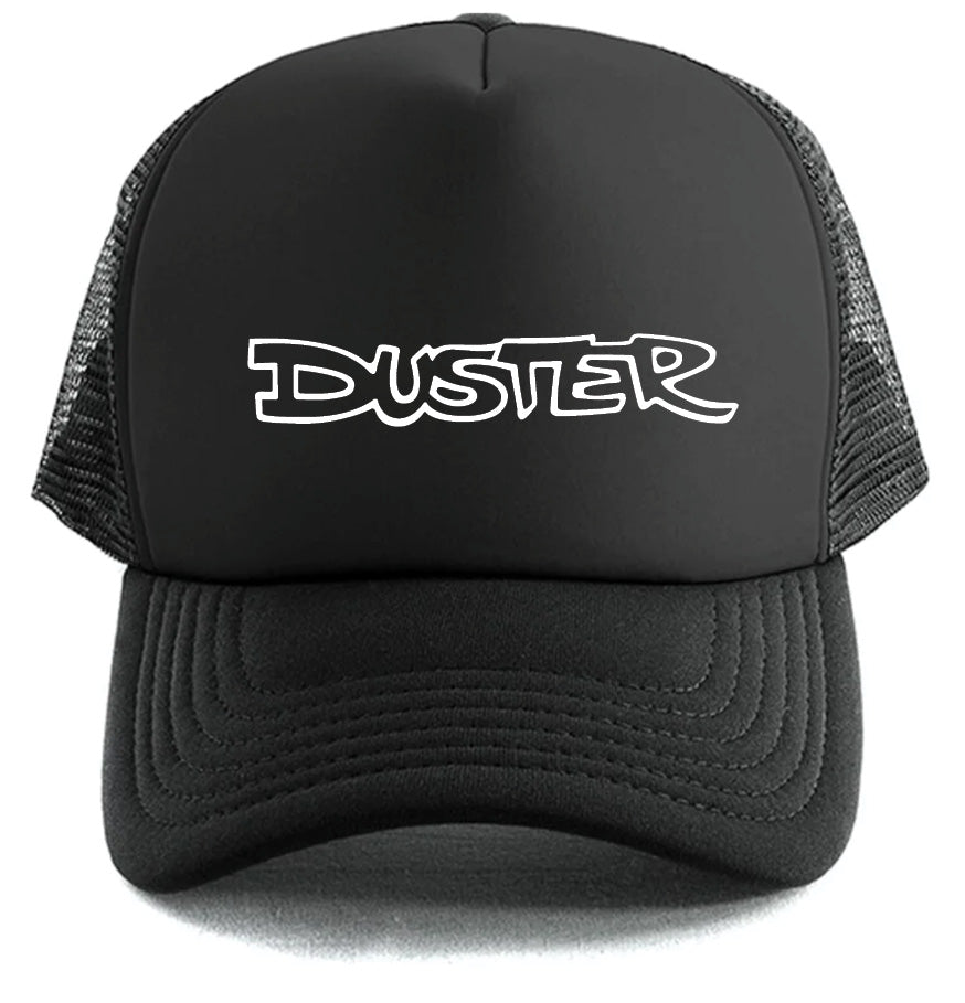 The Corsa Clothing Duster Title Hat is a black trucker cap with mesh sides and "DUSTER" in bold white stylized letters on the front.