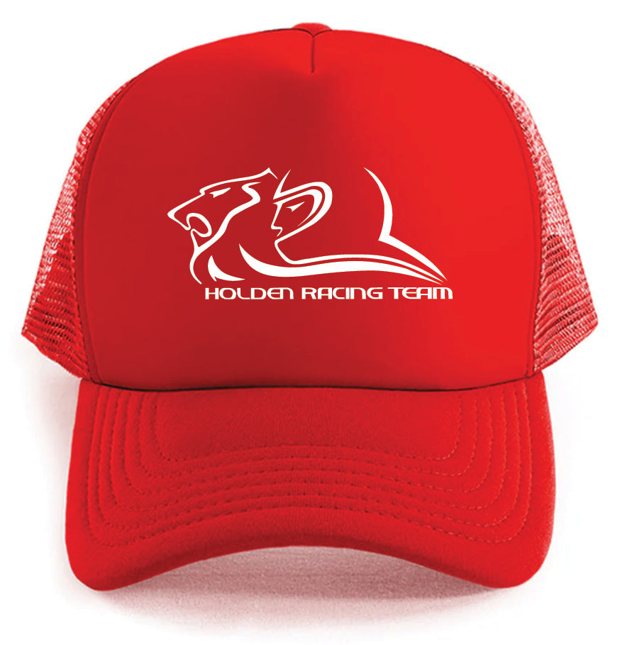 The Holden Racing Hat by Corsa Clothing is a red trucker hat with a white panther head outline and "Holden Racing Team" printed on the front.