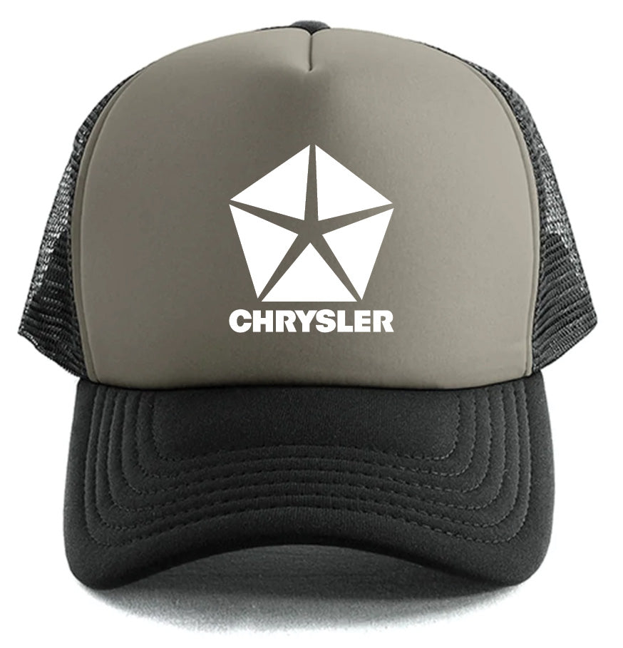 The Mopar Chrysler Hat by Corsa Clothing is a trucker cap with a gray front, black mesh sides and bill, and a white Chrysler pentastar logo plus bold CHRYSLER lettering on the front.
