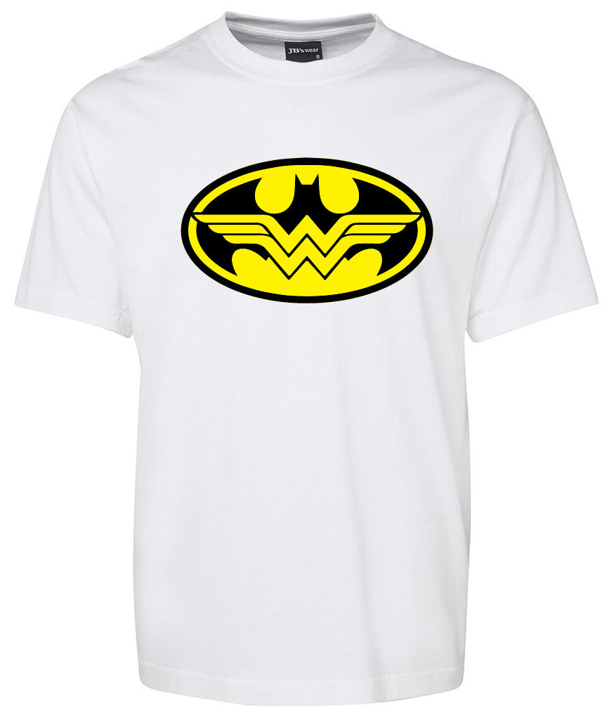 The Corsa Clothing Yellow Batman - Wonder Woman Logo Shirt is a white tee with a bold yellow and black chest emblem blending the two iconic superhero symbols.