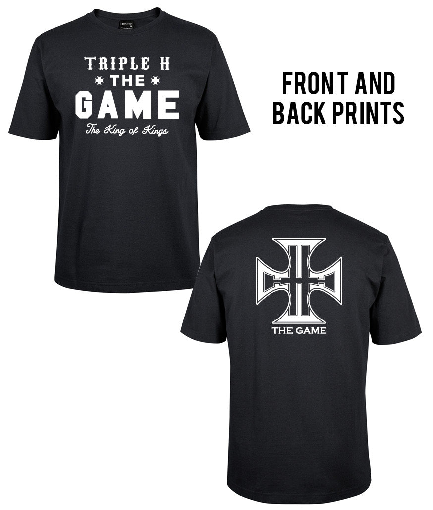 Corsa Clothing's the Game front and back Print Shirt: black tee with "TRIPLE H THE GAME The King of Kings" in white on front; back shows a large white cross-like symbol with "THE GAME" beneath. Features both front and back prints.