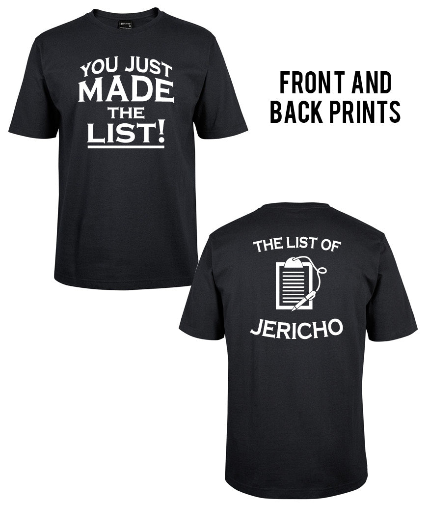 Corsa Clothing's "Just You Made" shirt features a white "YOU JUST MADE THE LIST!" print on the front and a clipboard with "THE LIST OF JERICHO" on the back. Design includes both front and back prints.