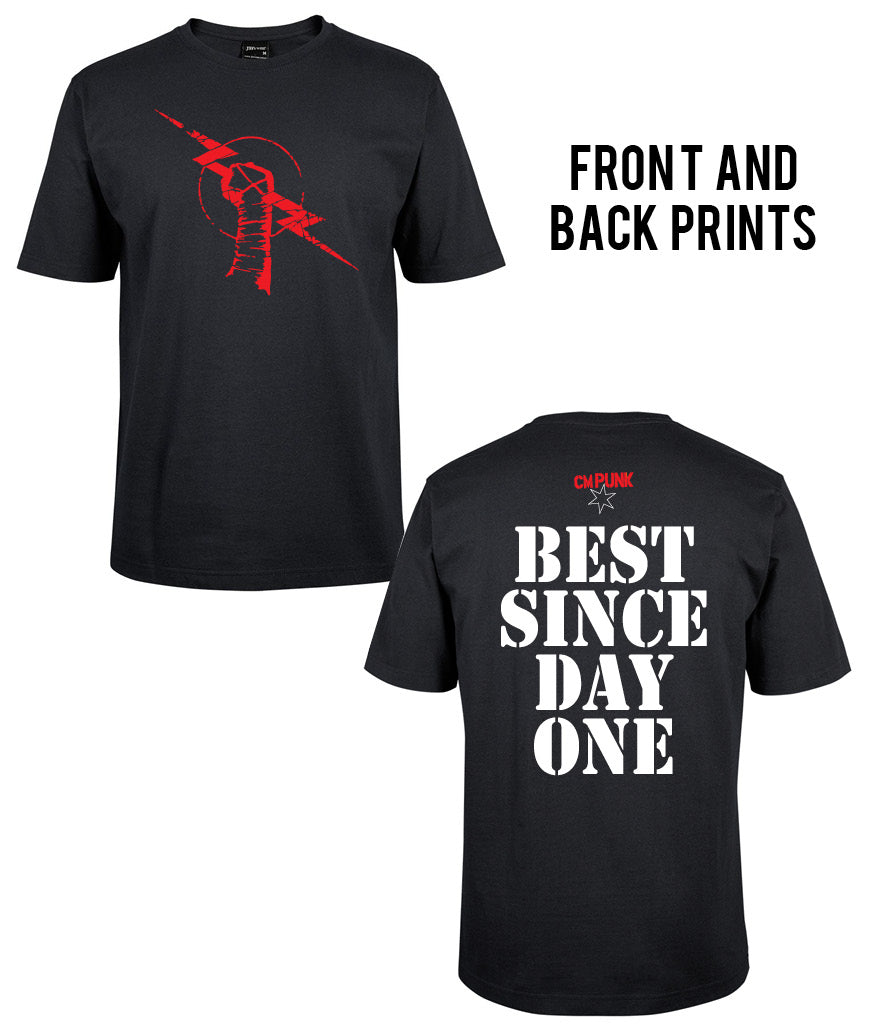 The Corsa Clothing CM Punk Shirt features a black design with a red fist holding a lightning bolt on the front and bold white text “BEST SINCE DAY ONE” with "CM PUNK" in red above it on the back. Front and back prints included.