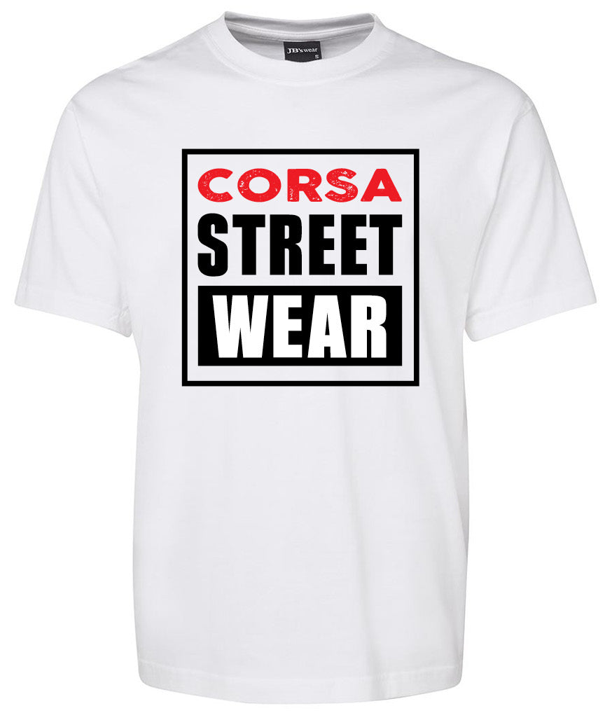 The CORSA Street Wear Shirt by Corsa Clothing is a white tee with a bold front graphic: "CORSA" in red and "STREET WEAR" in black, both in large capital letters within a rectangular border.