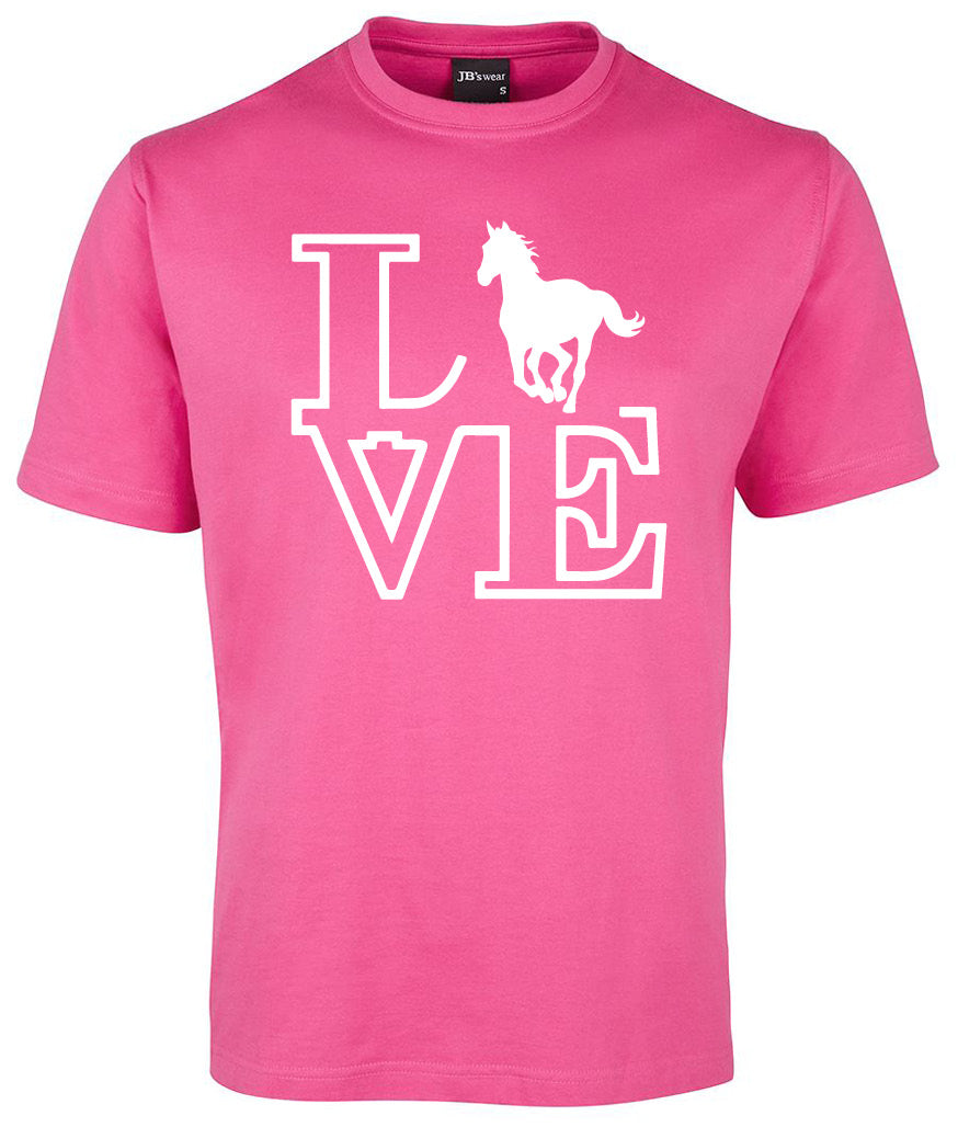 The Corsa Clothing Love Hourse Shirt is a pink tee featuring "LOVE" in white, with the letter O replaced by a horse silhouette.