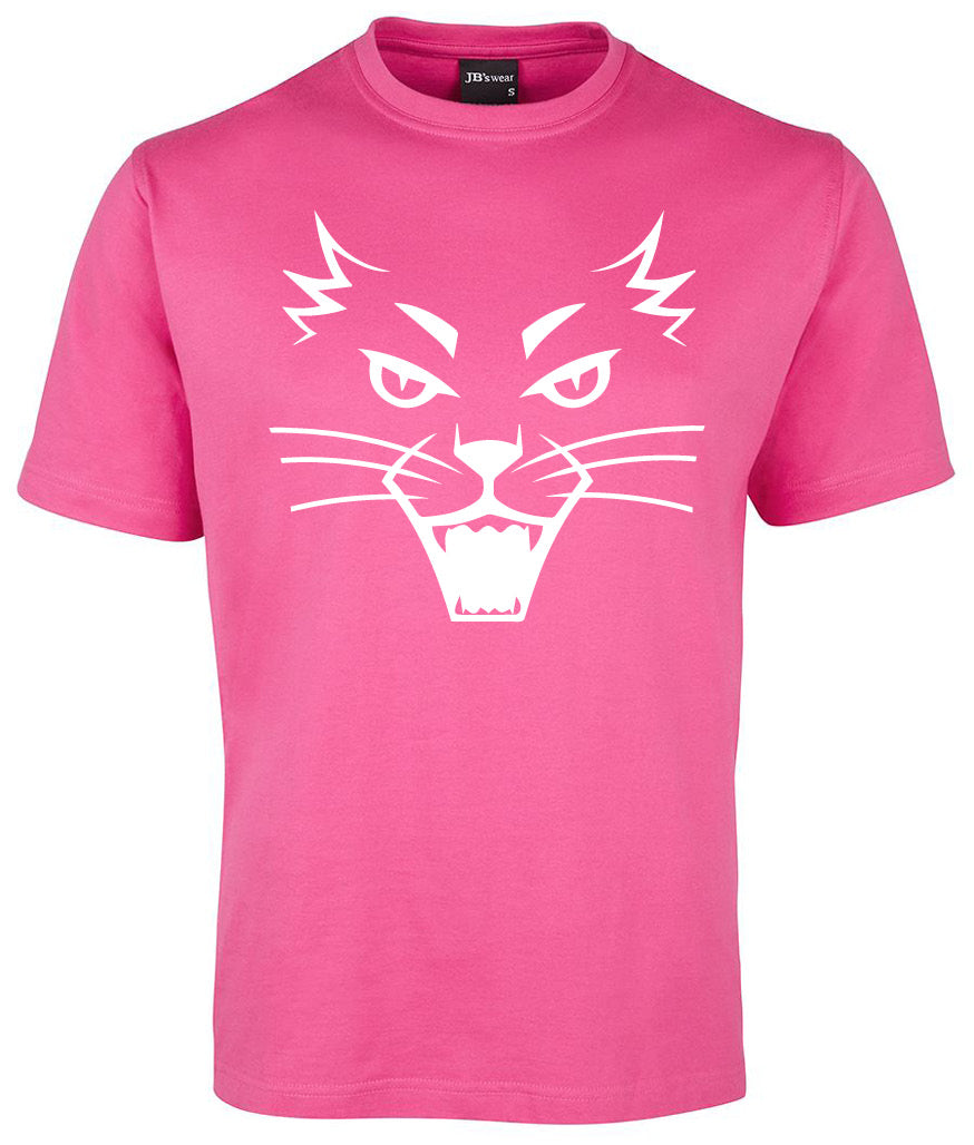 The Cat Shirt by Corsa Clothing is a bright pink tee with a bold white graphic of an angry cat’s face—sharp eyes, pointed ears, and open mouth—printed on the front.