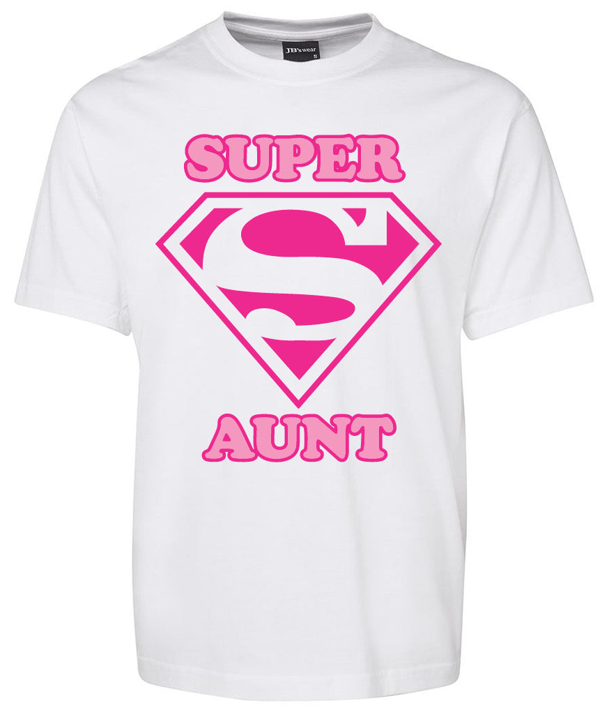 The Super aunt Shirt by Corsa Clothing is a white tee featuring a large pink S in a diamond emblem, with "SUPER" above and "AUNT" below in pink, resembling the Superman logo.