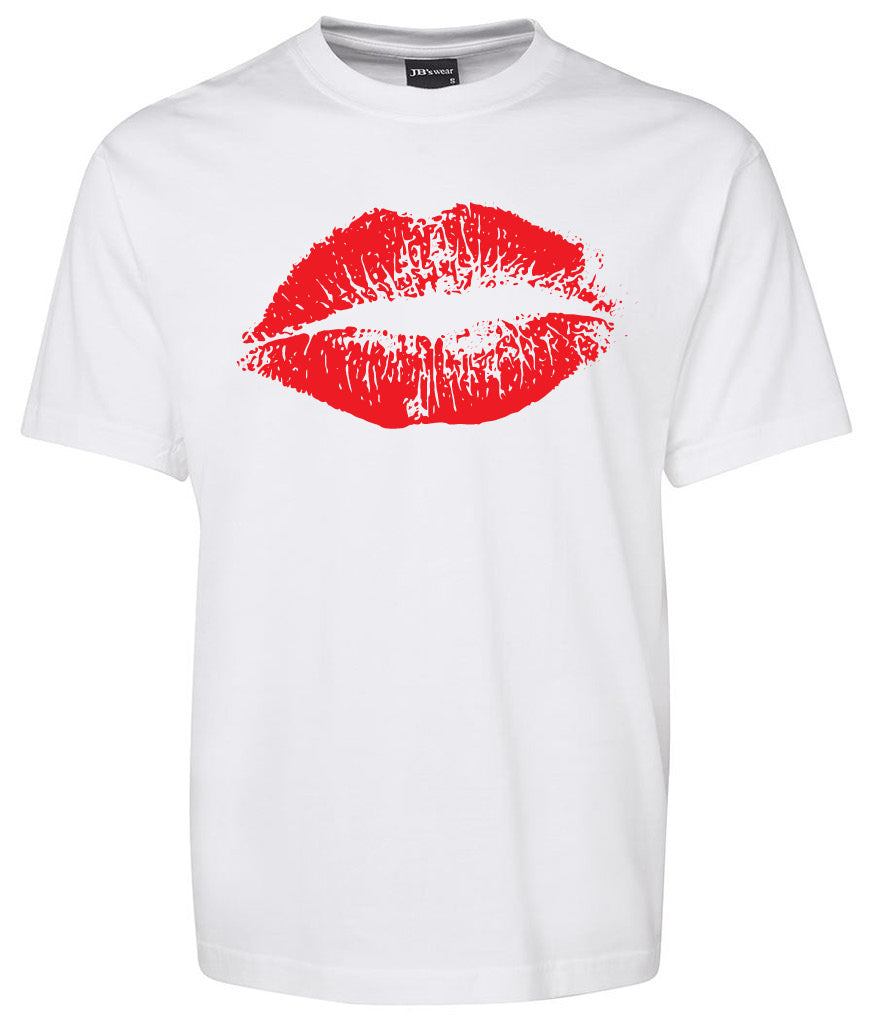 The Corsa Clothing Red Lips Mark Shirt features a bold red lipstick kiss print graphic centered on a white t-shirt.