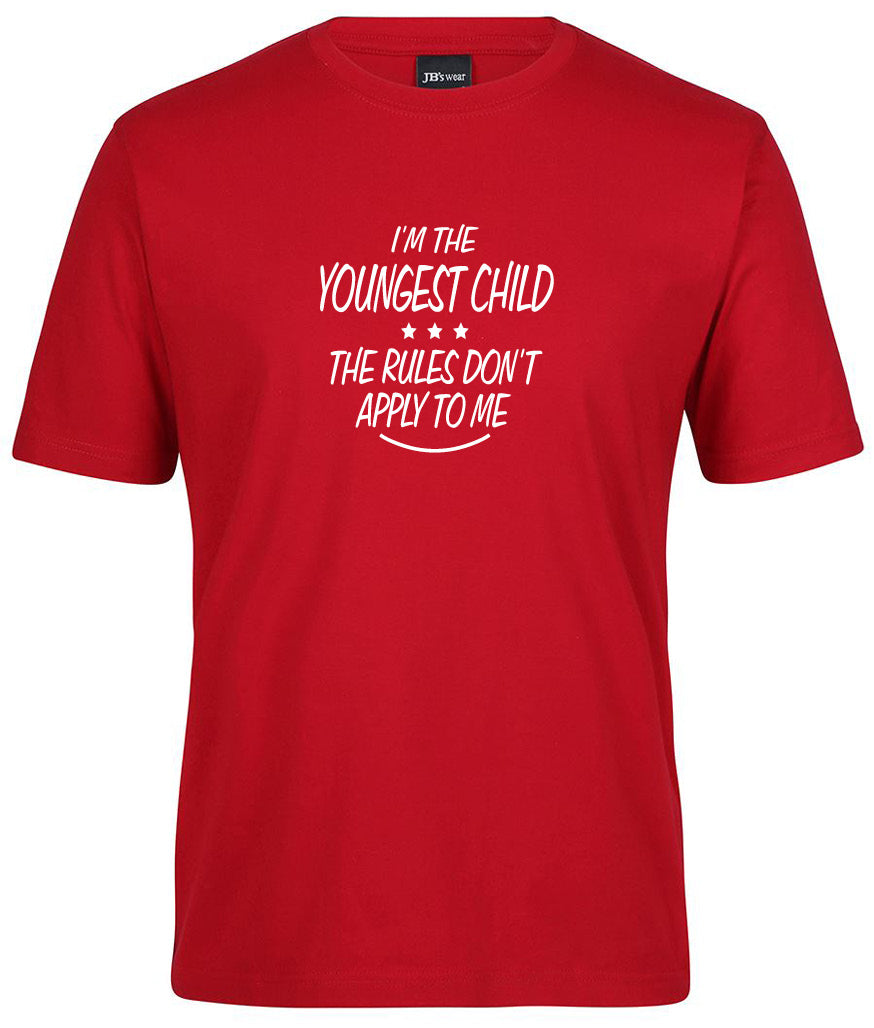 The Youngest Child Shirt by Corsa Clothing is a red tee with white text: “IM THE YOUNGEST CHILD ★★★ THE RULES DONT APPLY TO ME.”.