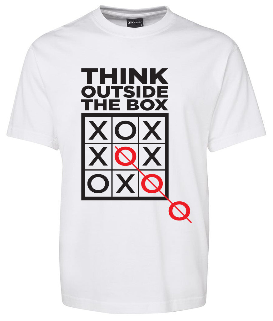 The Tic Tac Box Shirt by Corsa Clothing features a white tee with a tic-tac-toe grid, "Think Outside The Box" text, and three red Os extending diagonally outside the grid to symbolize creative thinking.