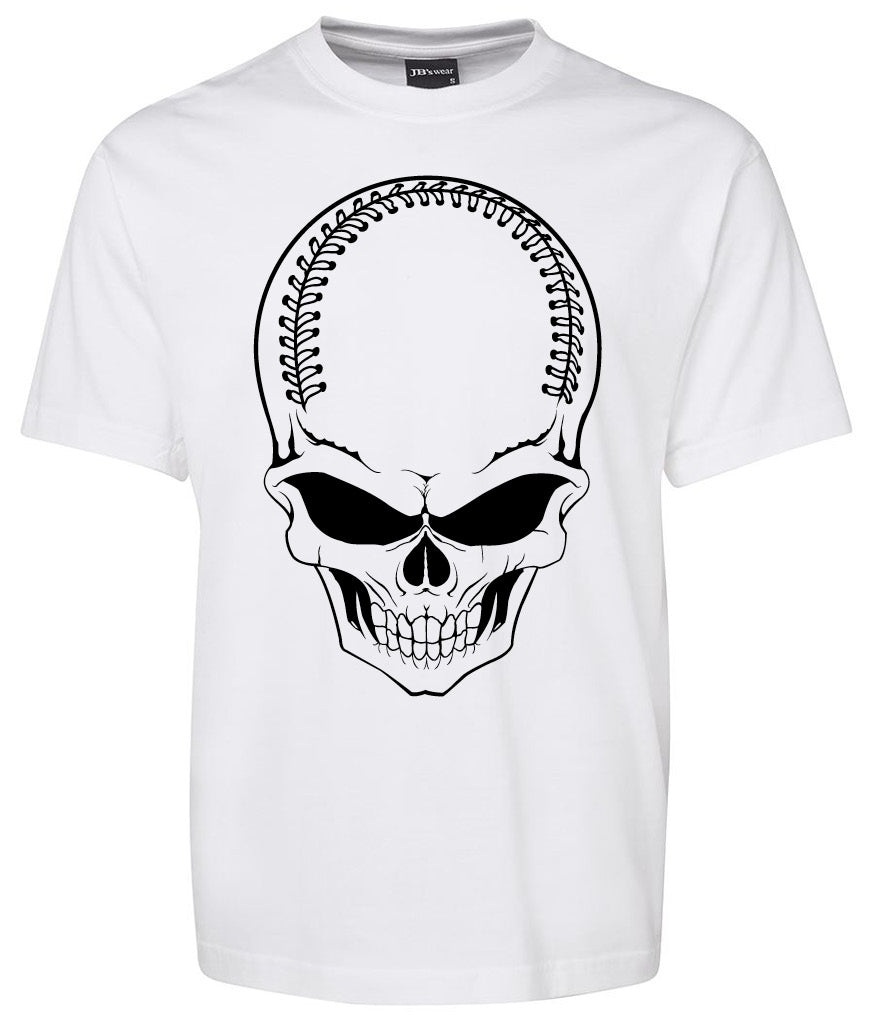 The Baseball Skull Shirt by Corsa Clothing is a white tee with a black skull graphic, where the top of the skull mimics baseball stitching.