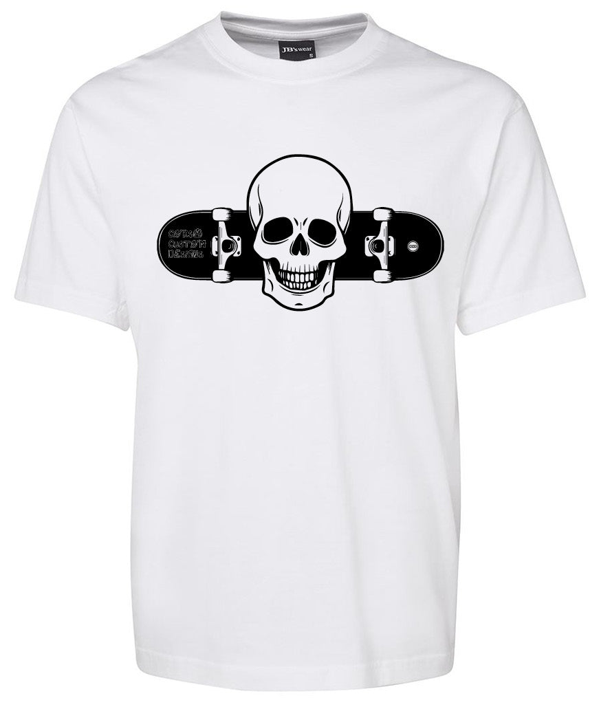 The Stake - Skull Shirt by Corsa Clothing is a white tee with a black skateboard graphic running through a skull’s mouth.