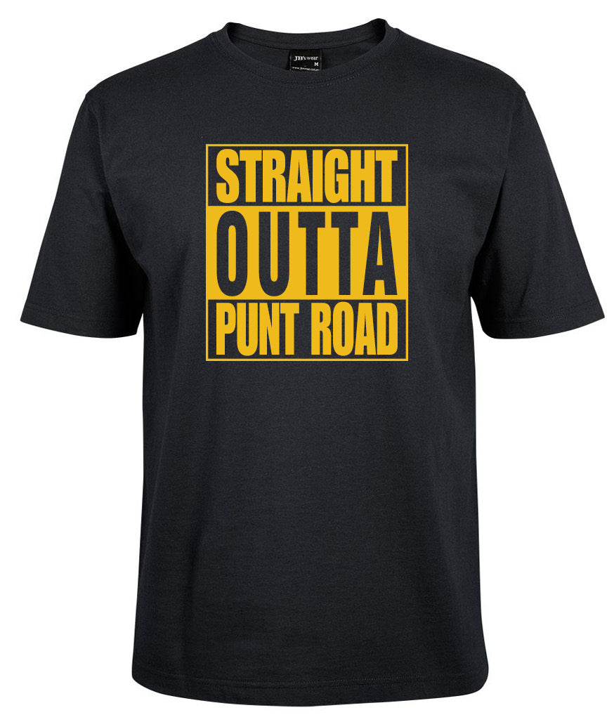 The Corsa Clothing Straight Outta Punt Road Shirt is a black tee with bold yellow and white text in all caps inside a rectangle.