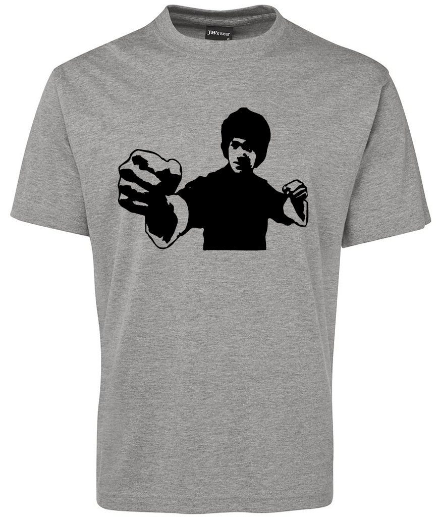 The Jackie Chan Shirt by Corsa Clothing is a gray tee featuring a black silhouette of a martial artist punching forward with one arm and the other arm bent.