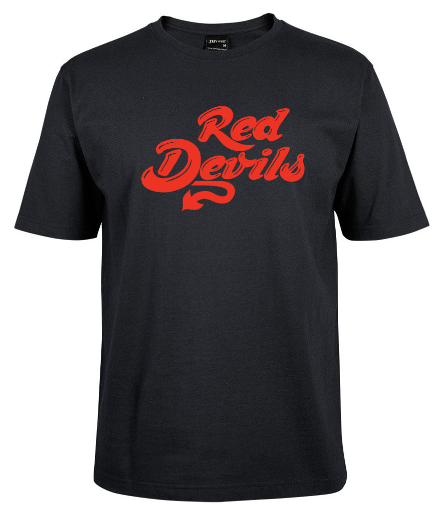 The Corsa Clothing Red Devils Shirt features bold, red cursive "Red Devils" lettering on the front, with a tail-like detail under the "v" in "Devils.