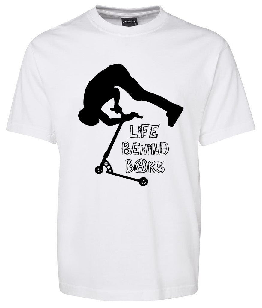 The Corsa Clothing Life Behind Bars Scooter shirt is a white tee with a black silhouette of a scooter rider above the hand-drawn text LIFE BEHIND BARS.
