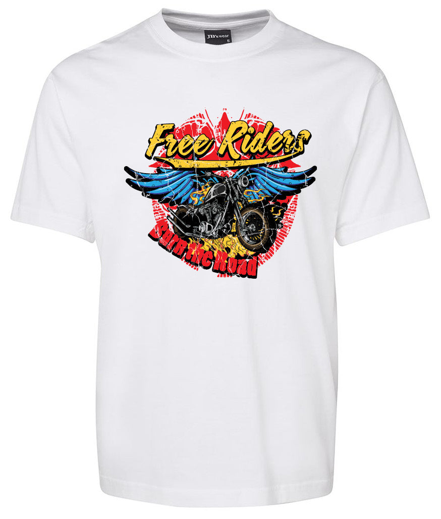 The Corsa Clothing Free Riders Shirt is a white tee with a motorcycle graphic, blue wings, yellow “Free Riders” text above, and red “Born to Ride” below on a circular distressed red background.