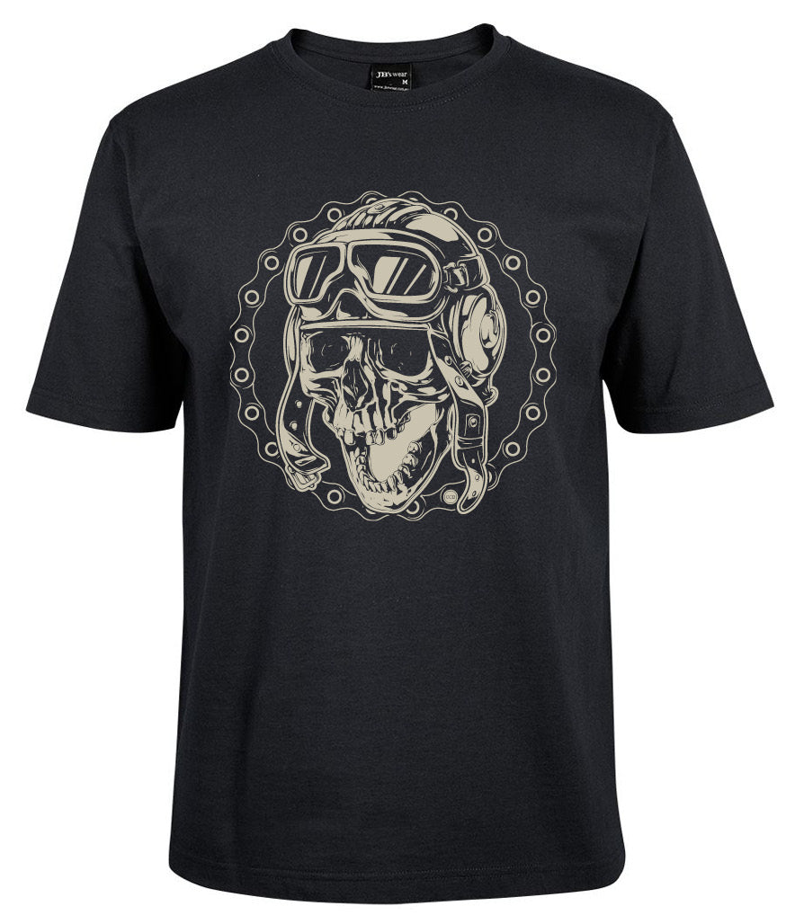 Corsa Clothing's Vintage Crazy Aviator Skull shirt in black features a front graphic of a skull with aviator goggles and helmet, surrounded by a chain design.