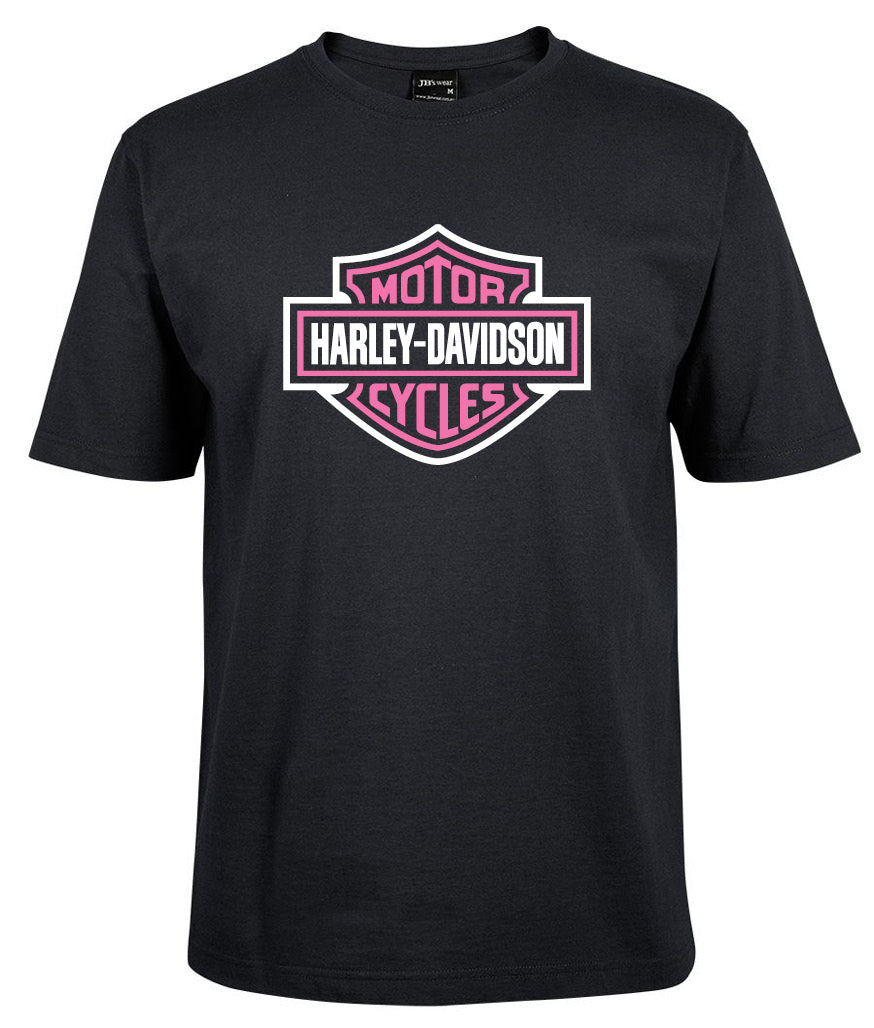A black Corsa Clothing T-shirt with a purple, shield-shaped Harley-Davidson Bar & Shield logo with a white border and bold text on the chest.