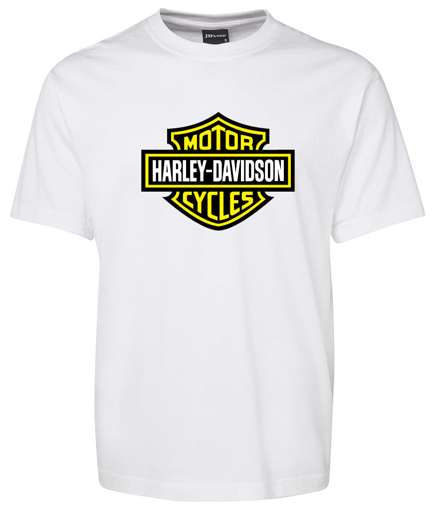 The Corsa Clothing Harley-Davidson Bar & Shield Shirt Lime Yellow is a white t-shirt featuring a yellow and black Harley-Davidson Motorcycles logo on the chest.