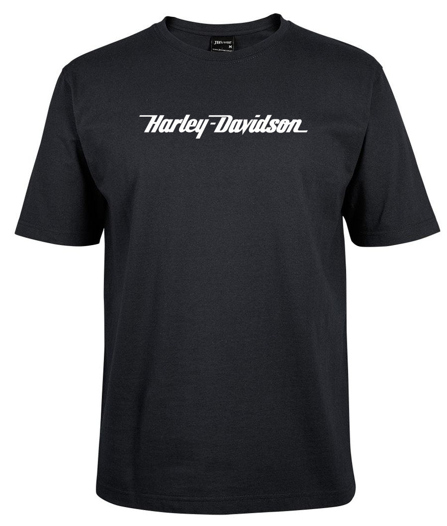 The Harley-Davidson Simple Shirt by Corsa Clothing is a black, short-sleeve crew neck tee featuring the Harley-Davidson logo in white cursive across the chest.