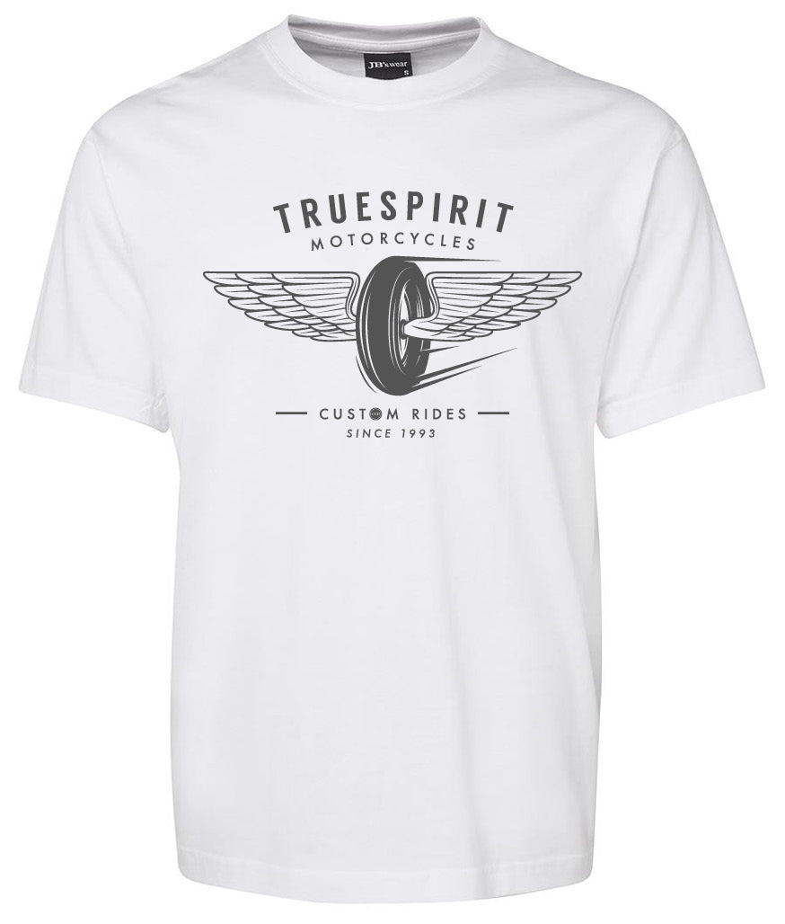 The Corsa Clothing Truespirit Shirt is a white tee with a winged motorcycle wheel graphic and the text "TRUESPIRIT MOTORCYCLES CUSTOM RIDES SINCE 1993.