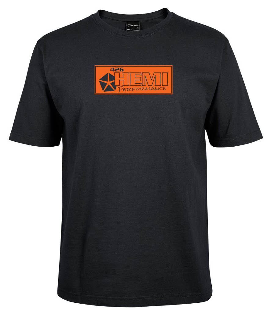 The Corsa Clothing Hemi Shirt is a black tee featuring an orange rectangular "426 HEMI PERFORMANCE" logo with a star-like design on the chest.