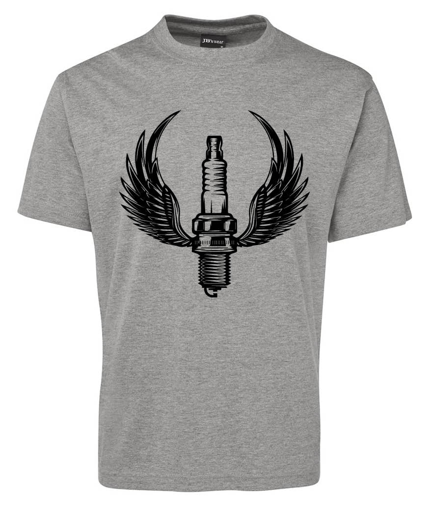 The Spark Plug Shirt by Corsa Clothing is a gray tee with a black spark plug and wing graphic centered on the chest.