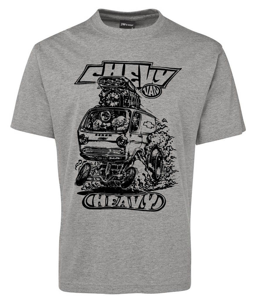 Gray T-shirt by Corsa Clothing called the Chevy Van Heavy Shirt, featuring a black cartoon-style van driving through water with surfboards on top. "Ducky Van" is above and "Heavy" below the graphic.
