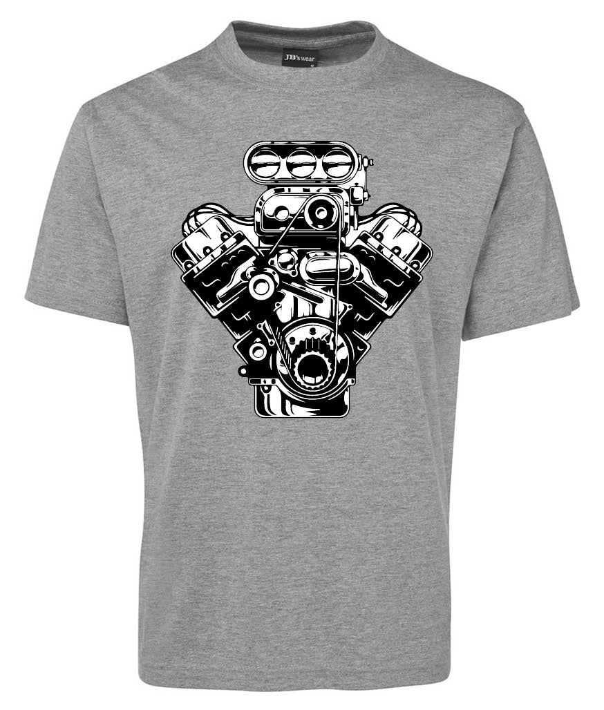 The Corsa Clothing Engine Shirt is a gray tee with a bold black and white V8 engine graphic on the chest.