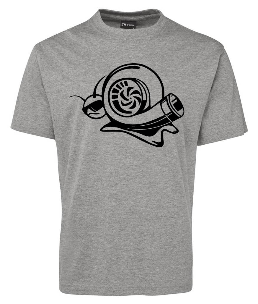 The Turbo Snail Sketch Shirt by Corsa Clothing is a gray tee with a bold black snail graphic featuring a stylized shell and two striking antennae on the front.
