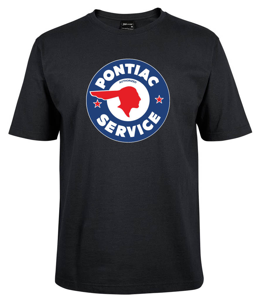The Pontiac Service Shirt by Corsa Clothing is a black tee featuring a circular Pontiac Service logo with a red Native American profile, two red stars, and blue and white text.