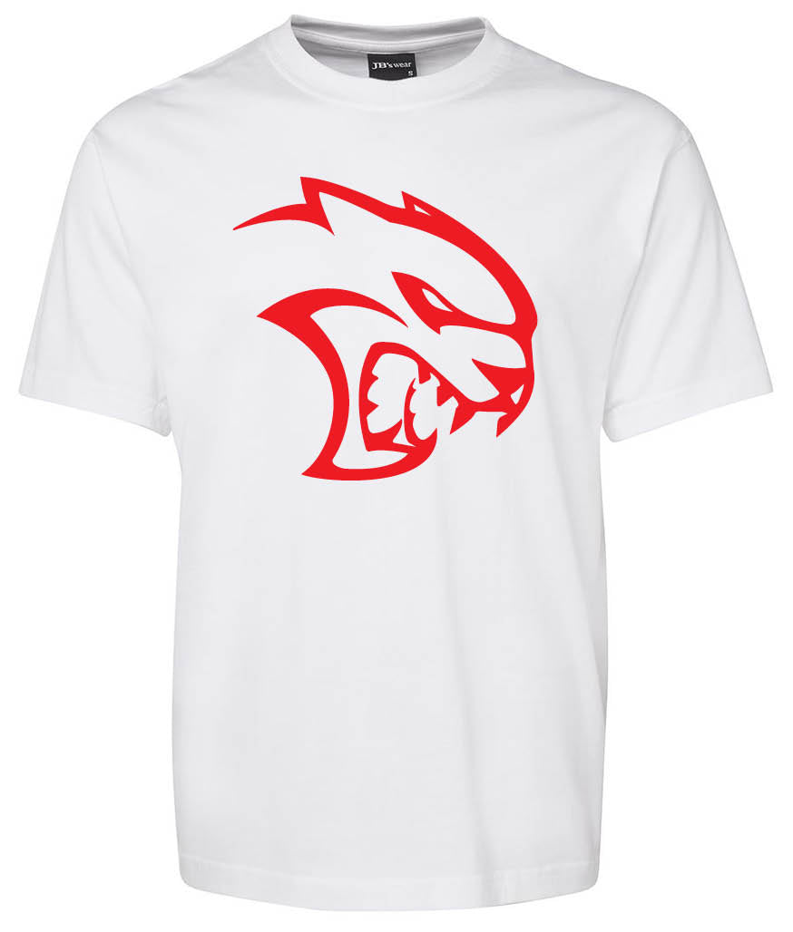 The Dodge Hellcat Shirt by Corsa Clothing is a white tee featuring a bold, stylized red graphic of a roaring wildcat head with sharp lines and an aggressive look on the front.