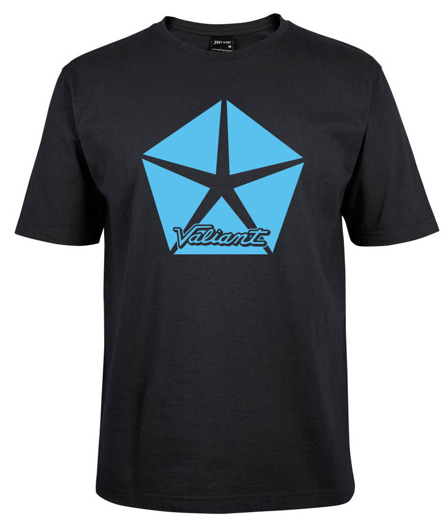 The Corsa Clothing Valiant Shirt is a black t-shirt with a large blue pentastar logo and "Valiant" written in script below the logo on the chest.