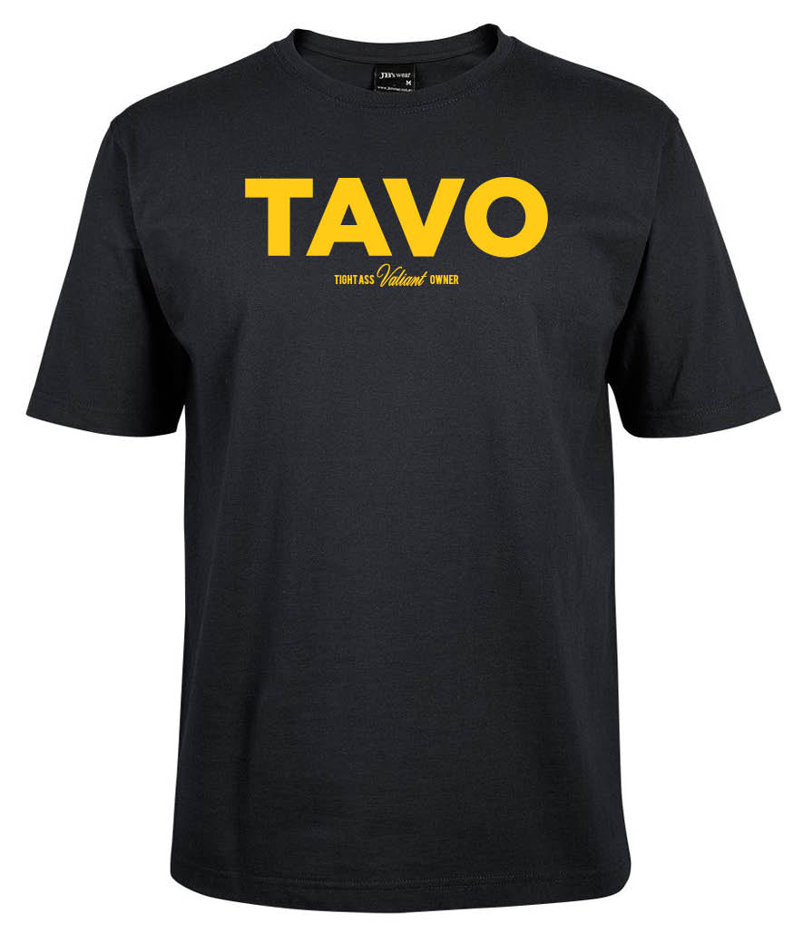 The Corsa Clothing Tavo Shirt is a black tee featuring bold yellow "TAVO" across the chest and smaller "Tight Ass Vland Owner" text underneath.