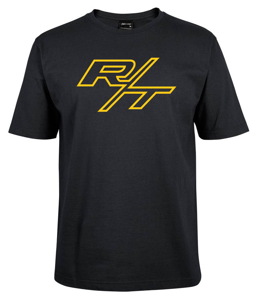 The Dodge R/T Shirt by Corsa Clothing is a black tee with a bold yellow R/T logo and angled slash across the chest.