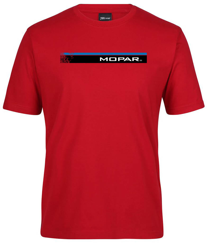 The Mopa Classic Shirt by Corsa Clothing is a plain red tee with a rectangular Mopar logo in black, blue, and white text on the chest.