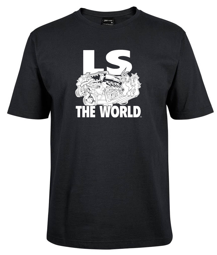The Corsa Clothing LS Shirt is a black tee with a white engine graphic and "LS THE WORLD" in bold above and below the design.