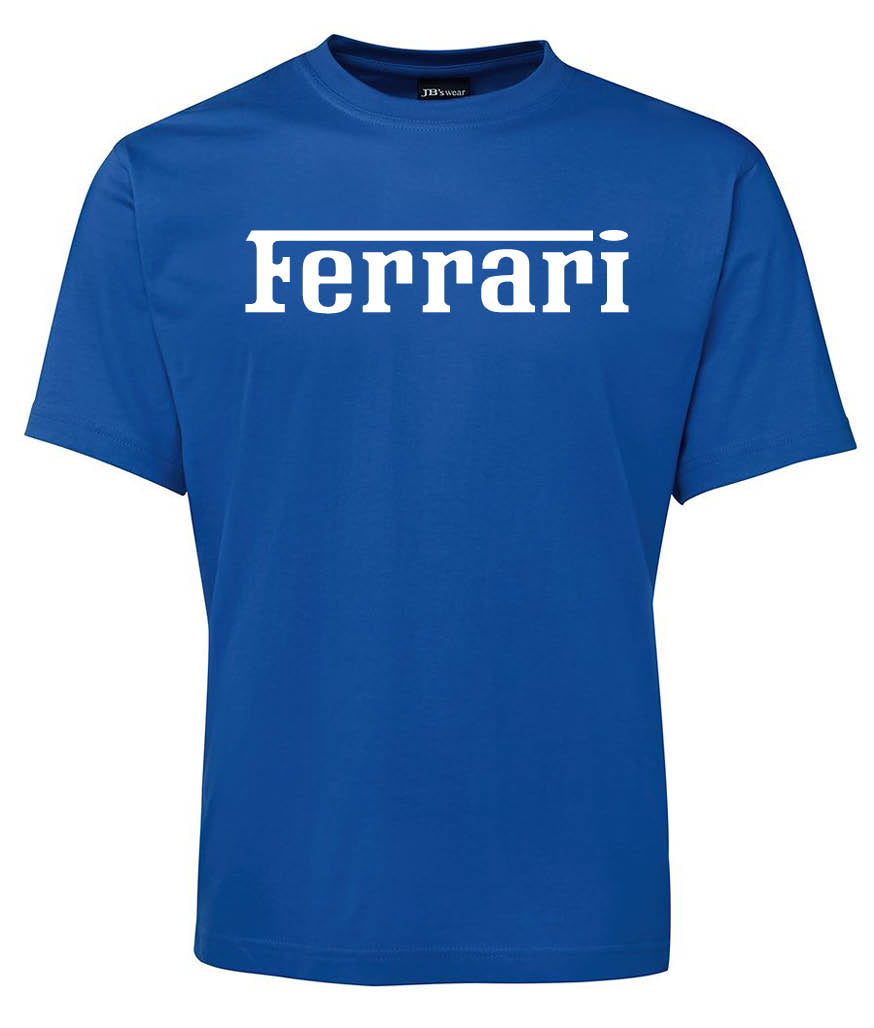 A blue Ferrari Shirt by Corsa Clothing features "Ferrari" printed in bold white letters across the chest.