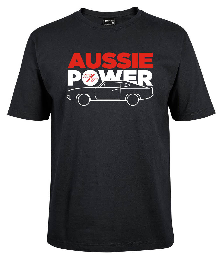 The Corsa Clothing Aussie Power Shirt is a black tee featuring bold red and white "AUSSIE POWER" text above a classic muscle car outlined in white.